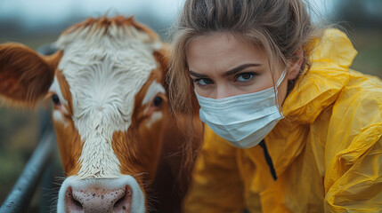 Veterinarian examine cow with foot-and-mouth disease. Created with Generative AI technology.