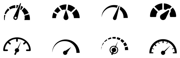 
Speedometer, tachometer icon. Speedometer indicator icon collection. Speed indicator vector icons. Dashboard speedometer icons set. Tachometer icon isolated. Performance indicator sign. Car speed.