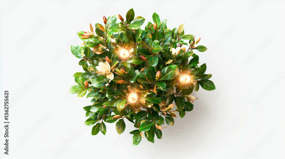 Poster illuminated magnolia tree at night with lush greenery and soft lighting