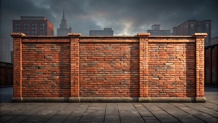 A weathered brick wall stands tall against a cityscape, a silent sentinel in a moody urban landscape under a dramatic sky.