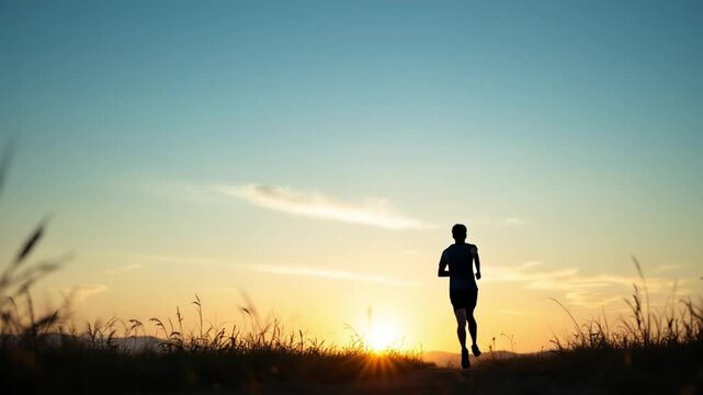 Back view silhouette of a young man jogging in the evening, slow motion