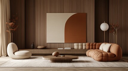 Modern and chic living space featuring a warm-toned abstract art piece, comfy seating, and designer elements. --chaos 20 --ar 16:9 --quality 2 --v 6.1 Job ID: 0d2d6387-56c6-4a27-8fb3-d710a70e98bb