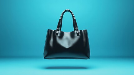 Elegant black tote bag displayed against a vibrant blue background