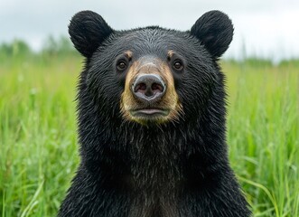 Fototapeta premium Close-up portrait of a black bear in a lush green field. Its dark fur contrasts beautifully with the vibrant background, creating a striking image.