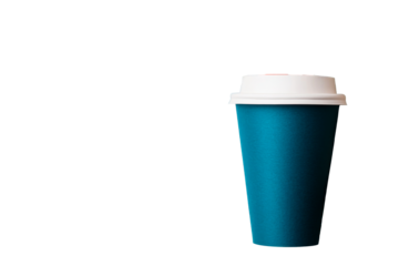 Vibrant blue coffee cup with a white lid on a transparent background
