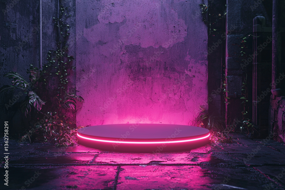 Aufkleber a round platform with neon pink light in a grungy setting with plants and textured walls visible