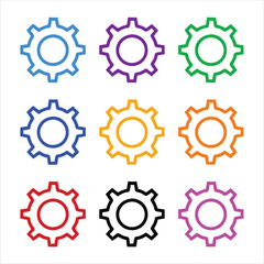 Set of Colorful Gear Icons in Vector Style, Mechanical Engineering, Technology, Settings, and Industrial Design Elements on White Background