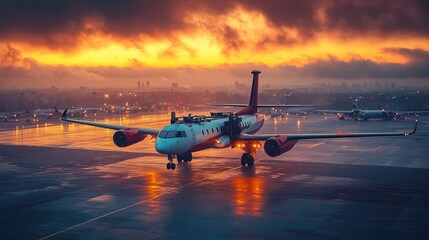 Sunset at the Airport: Airplane on the Runway