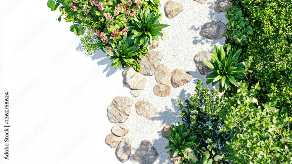 Poster Lush garden path with realistic orchids and stone walkway