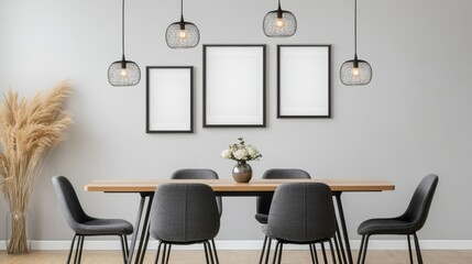 Modern Dining Room with Stylish Chairs and Unique Pendant Lights Over Minimalist Table