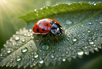 Obraz premium ladybug resting on a green leaf with morning dew 