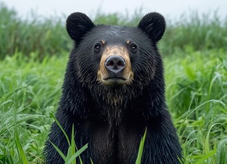 Fototapeta premium Majestic black bear, calmly gazing forward in a lush green meadow. Its dark fur contrasts beautifully with the vibrant foliage.