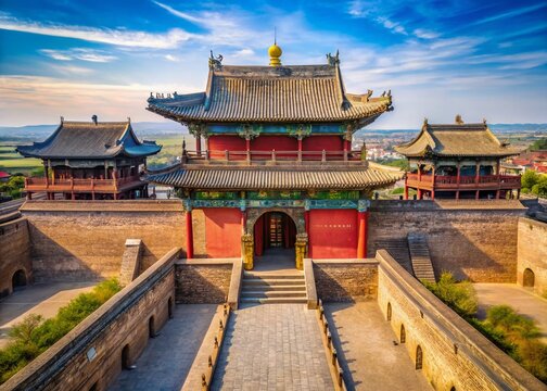 Aerial View: Shuanglin Monastery Gate, Pingyao, China - Ancient Architecture Drone Photography