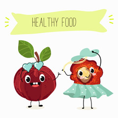 Barbados cherry Red acerola cherry fruits. Natural vitamin antioxidant detox food collection. Vector hand drawn illistration.