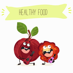 Barbados cherry Red acerola cherry fruits. Natural vitamin antioxidant detox food collection. Vector hand drawn illistration.