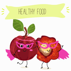 Barbados cherry Red acerola cherry fruits. Natural vitamin antioxidant detox food collection. Vector hand drawn illistration.