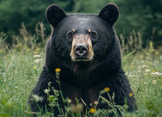 Fototapeta premium A majestic black bear sits in a field of wildflowers, its dark fur contrasting beautifully with the vibrant green and yellow hues.