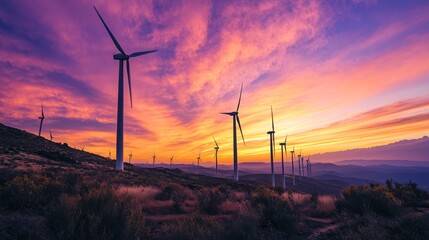 Obraz premium A wind farm at sunset, with the sky painted in shades of orange and purple.