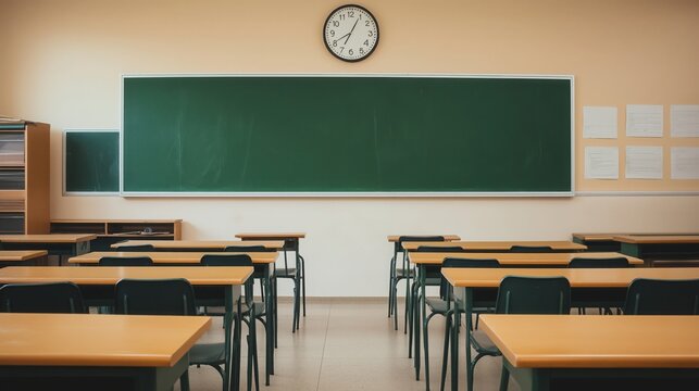 Classroom with green borad and benches for students