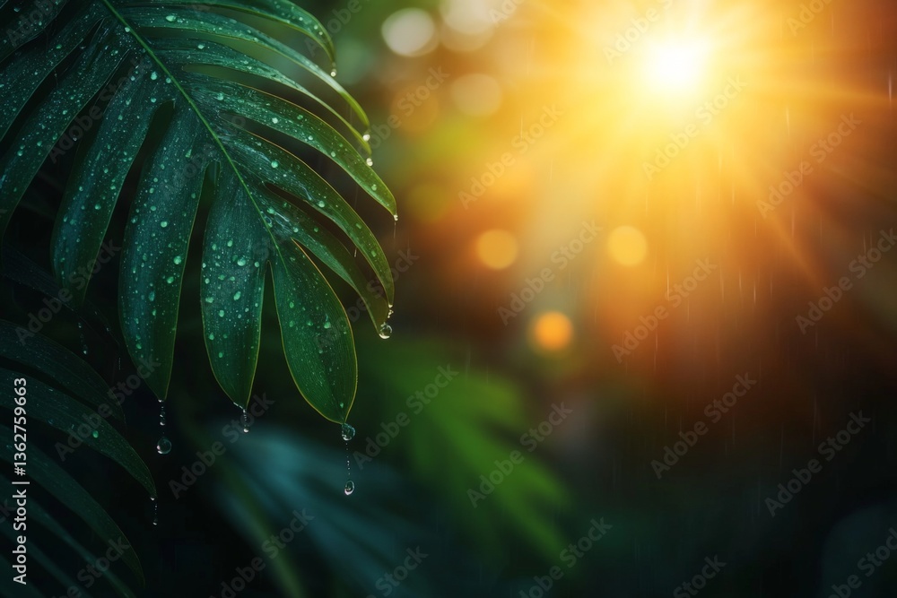 Aufkleber sunlight filters through tropical leaves adorned with fresh raindrops in a lush garden setting
