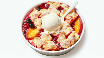 Delicious peach and blackberry cobbler dessert with ice cream topping