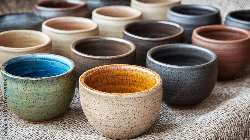 Poster craftsmen showcase their artistry with a variety of ceramic bowls in diverse colors resting on a sof
