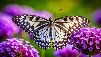 Obraz premium Monarch butterfly feeding on a purple flower in a colorful garden during spring