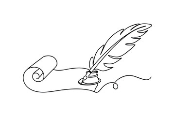 Elegant Quill Pen, Inkwell, and Parchment Scroll Drawing