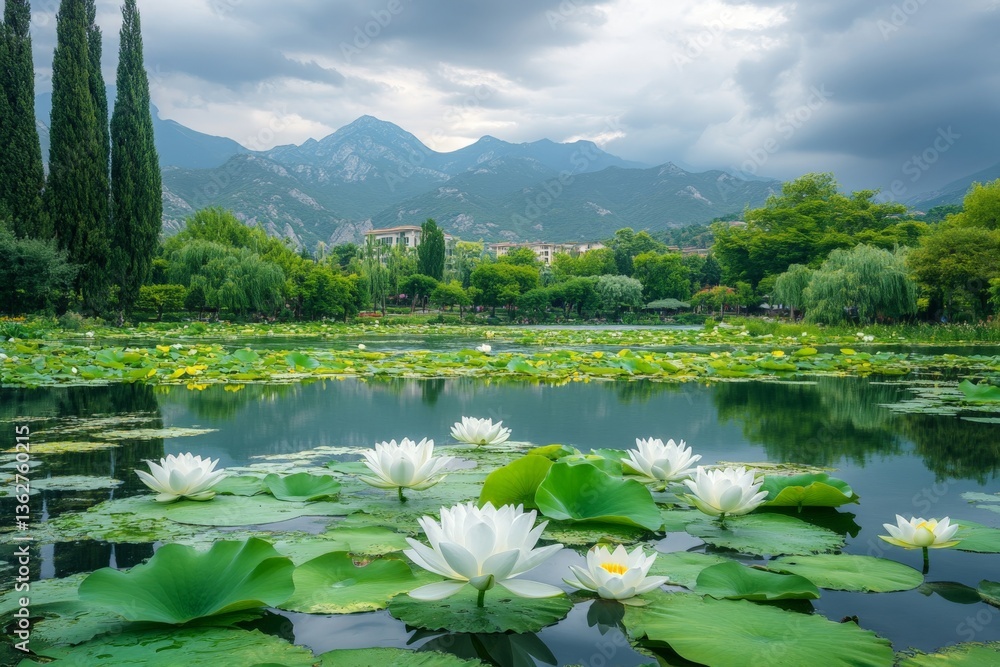 Poster scenic view of a tranquil lake filled with blooming lotuses and surrounded by mountains during a clo
