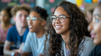 Obraz premium Smiling girl with glasses enjoying lesson in classroom with engaged classmates