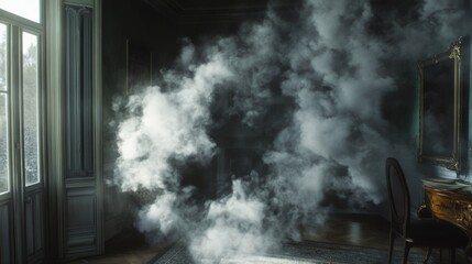 Dense smoke filling a room, creating a dramatic and eerie atmosphere.