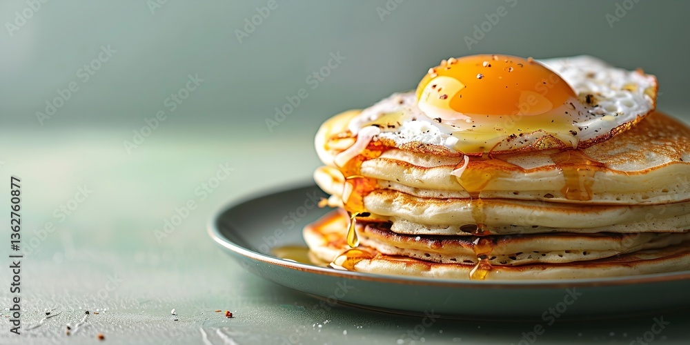 Poster over a tiny dish with a pale green setting an array of fluffy pancakes a fried egg fried over top ma