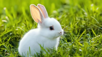 Fototapeta premium Gentle White Baby Rabbit Nestled in Blooming Spring Garden with Pastel Flowers, Whimsical Animal Scene for Fabric Prints, Baby Shower Invitations, or Social Media Story Backgrounds.