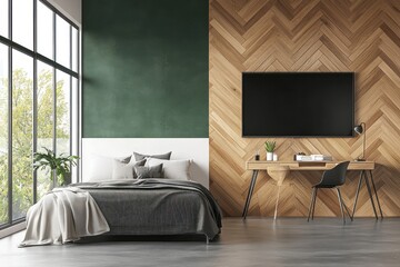 Modern bedroom with green wall, wood accent wall, large window, bed, desk, and TV.