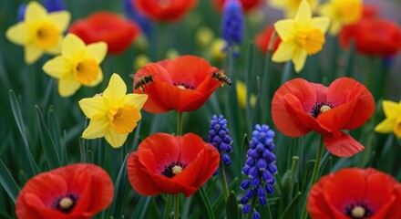 Naklejka premium Vibrant spring garden filled with red poppies, yellow daffodils, and blue grape hyacinths attracting bees in full bloom