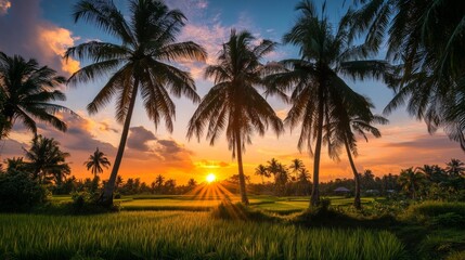 Obraz premium Silhouettes of palm trees surrounding a rice field, set against a vibrant sunset sky.