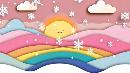 Happy sun, snowy hills, winter rainbow, pastel sky - Powered by Adobe