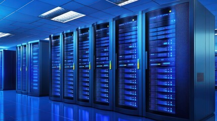 Data center servers, blue lit room, network infrastructure, technology, digital storage