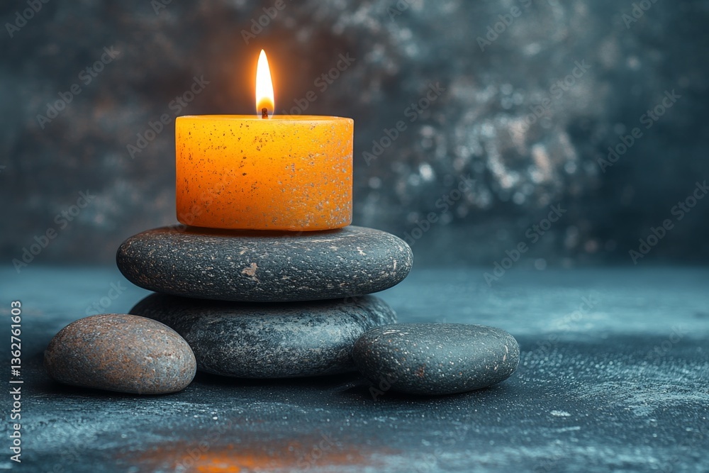 Aufkleber decorative orange candle on stacked stones creating a calming atmosphere for relaxation and mindfuln
