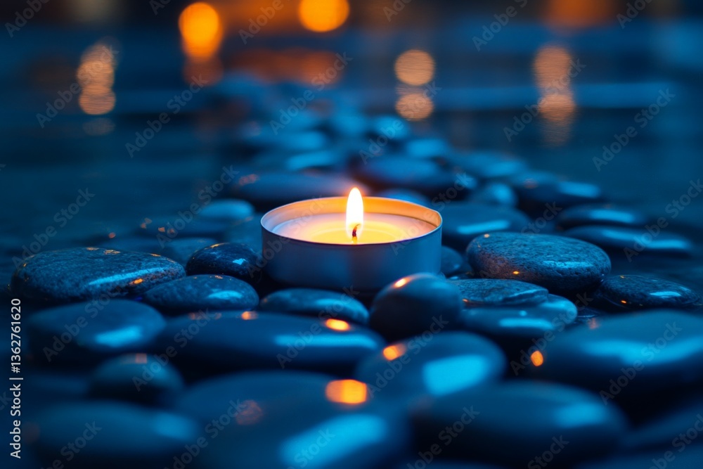 Aufkleber Candlelight glow on smooth stones creating a serene ambiance in a calm water setting at dusk