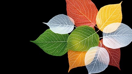 Colorful Translucent Autumn Leaves on Black Background