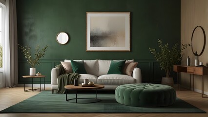 Stylish scandinavian living room with design mint sofa, furnitures, mock up poster map, plants and elegant personal accessories. Modern home decor. Open space with dining room. Template Ready to use.