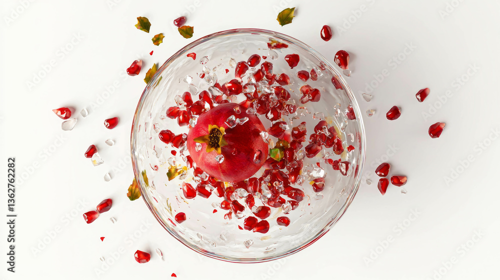 Poster elegant presentation of a realistic pomegranate in a glass dish for culinary art and design