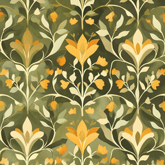 A floral pattern featuring yellow flowers and green foliage, suitable for fabric design.