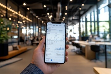 A close-up view of a hand holding a smartphone in a stylish office, showcasing analytics data on the screen, emphasizing modern communication and technology.