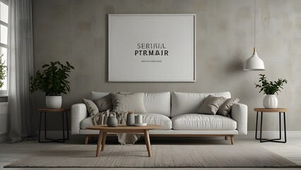 Blank horizontal poster frame mockup in white minimal style living room. Modern interior background with couch, pillows, lamp, houseplant, home decor, sunlight. Design template for display.