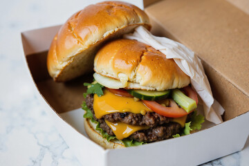 A delicious cheeseburger nestled in a cardboard box, topped with fresh lettuce, tomato, and pickle slices, ready to be enjoyed