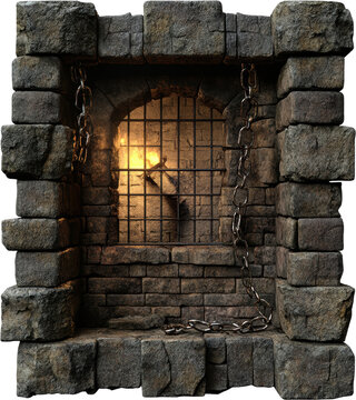 A dark dungeon cell features a barred window with chains and a flickering torch inside