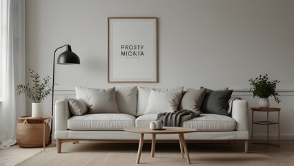Blank horizontal poster frame mockup in white minimal style living room. Modern interior background with couch, pillows, lamp, houseplant, home decor, sunlight. Design template for display.