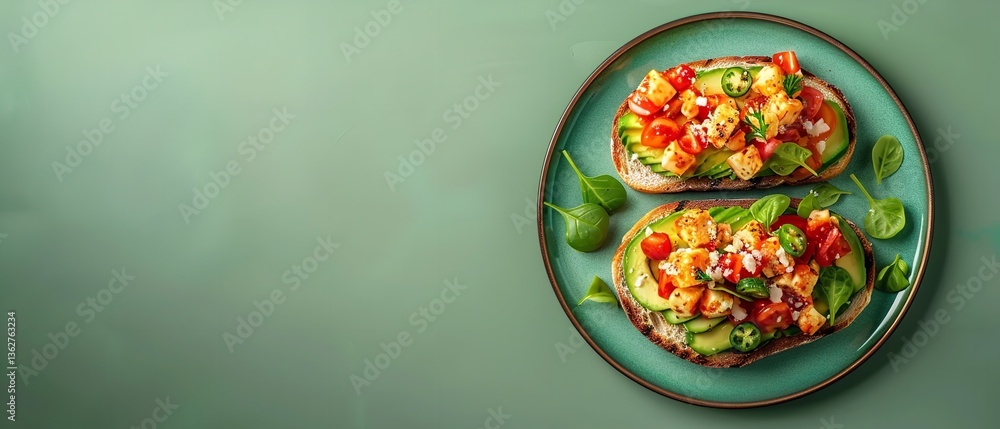 Poster an above shot of a plate comprising avocado and pot cheese toast with a green setting designed for t
